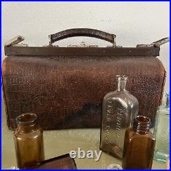 Antique Doctor's Bag Brown Alligator/Croc With Medical Supplies And Bottles Old