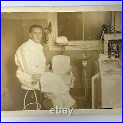 Antique Sepia Photograph Handsome Young Man Dentist Lots Of Equipment Medical