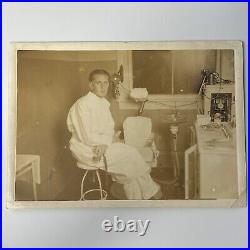 Antique Sepia Photograph Handsome Young Man Dentist Lots Of Equipment Medical