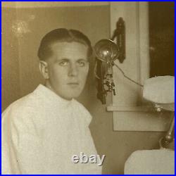 Antique Sepia Photograph Handsome Young Man Dentist Lots Of Equipment Medical