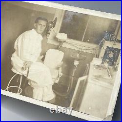 Antique Sepia Photograph Handsome Young Man Dentist Lots Of Equipment Medical