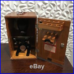 Bausch & Lomb Binocular Microscope with Immersion Oil Bottle & Wood Case, Vintage
