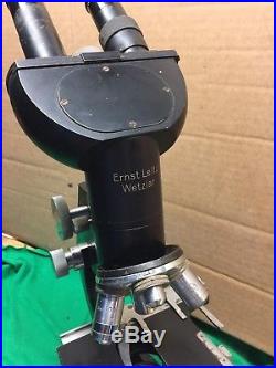 Ernst Leitz Wetzlar Vintage Binocular Microscope with 4 Position Wheel Lab 1950s