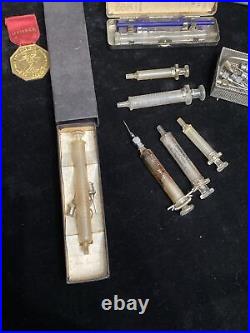 Lot Antique Medical Doctor Equipment Syringe Jar Thermometer Medal Goodnight TX