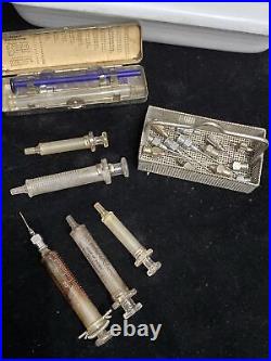 Lot Antique Medical Doctor Equipment Syringe Jar Thermometer Medal Goodnight TX