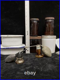 Lot Antique Medical Doctor Equipment Syringe Jar Thermometer Medal Goodnight TX