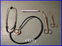 Lot Of Vintage Medical Equip-Stethoscope, Bandage Scissors, Exam Light