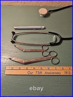 Lot Of Vintage Medical Equip-Stethoscope, Bandage Scissors, Exam Light