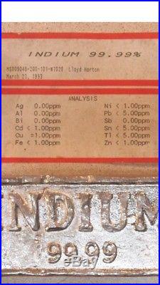 Over 1kilo 1020grams INDIUM bar High Quality 99.99% Pure Metal Element 1993 vntg