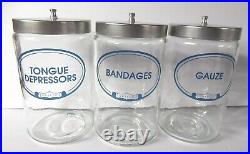Set of 3 Vintage Grafco Medical Jars Doctor Office Equipment Glass Stainless