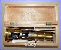 Vintage French PORTABLE BRASS MICROSCOPE with Original Wood Case Optics