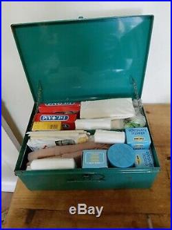 Vintage Large Green Metal First Aid Box With Contents 35cm by 25cm