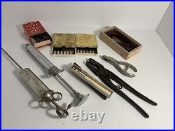 Vintage Livestock Empty Syringes Boxes & Medical Equipments Pig Rings Props! #1