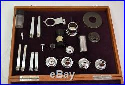Vintage Lot Leitz Microscope Objective Parts Stage Clips Eye Piece Wood Box