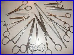 Vintage Medical Equipment Lot Of 14 Scissors+ Clamps Tweezers