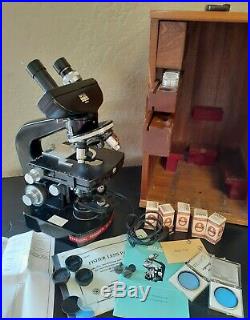 Vintage Wild Heerbrugg M20 Microscope with 5 Fluotar Lenses and Case Info Acc